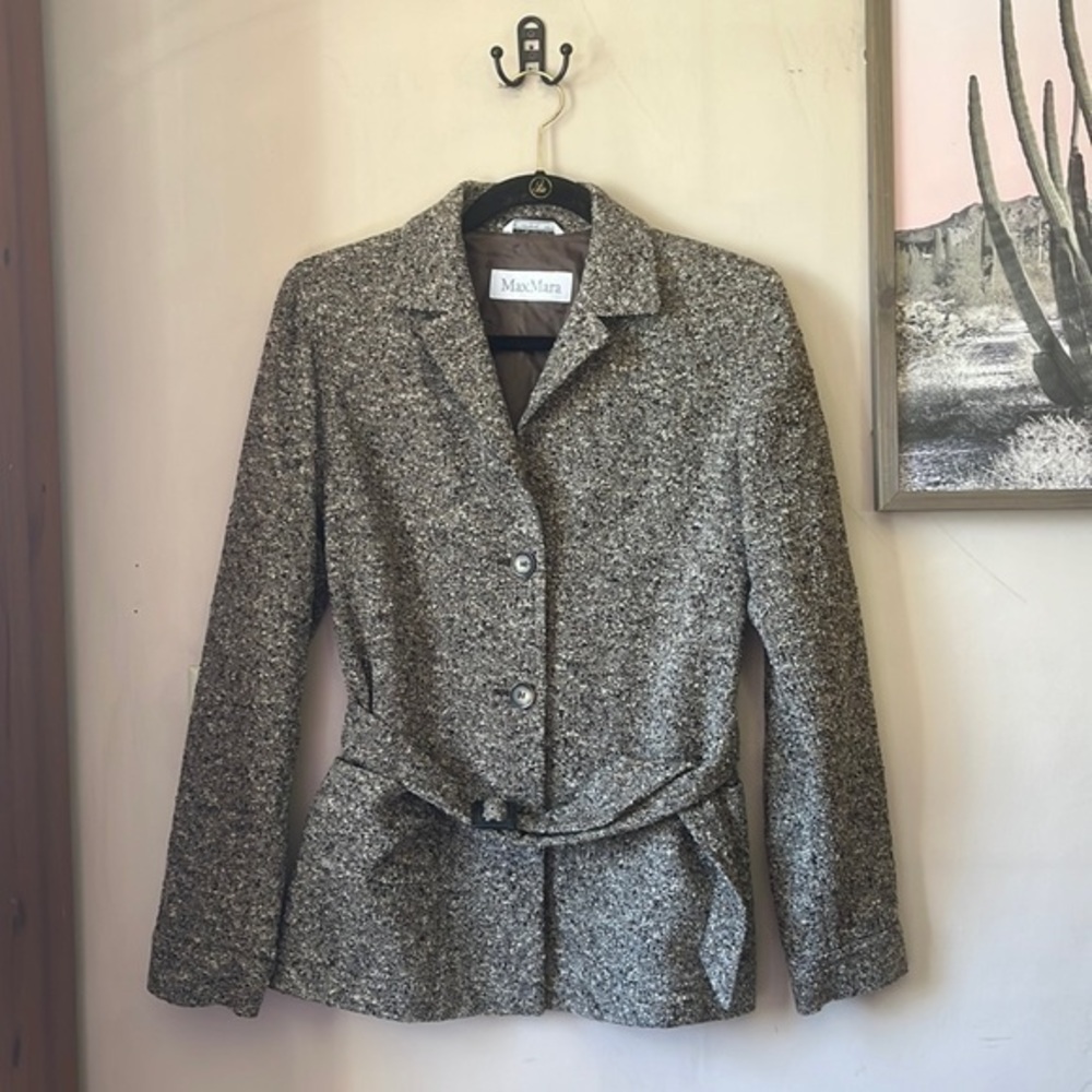 MaxMara Brown & Cream Virgin Wool-Blend Belted Tweed Blazer Size 8